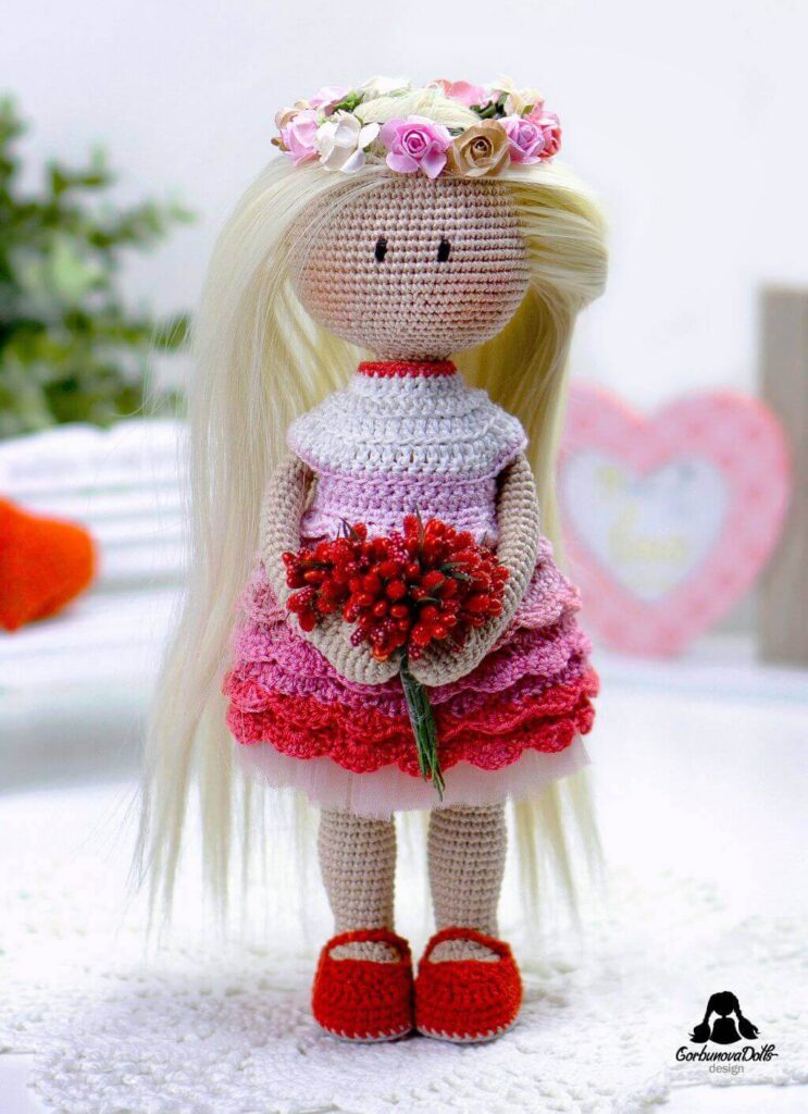 Lady in Red crochet doll pattern with removable dress hat scarf and shoes