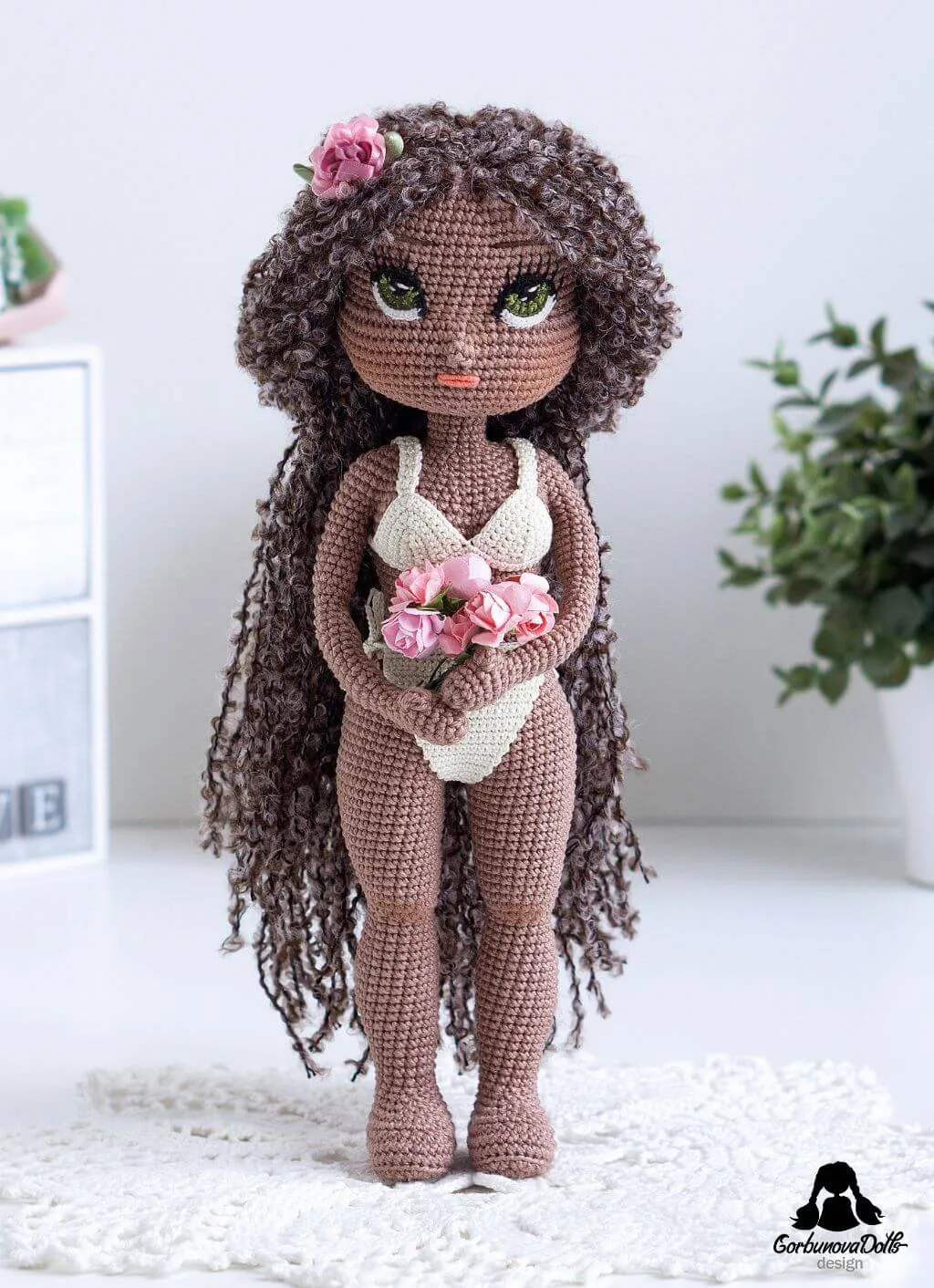 Crocheted doll Michelle with darker skin tone in handmade lingerie set