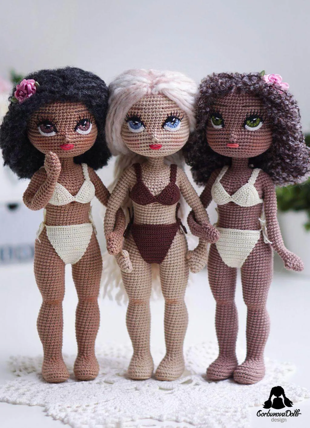 Three finished Michelle crochet doll bases dressed in lingerie