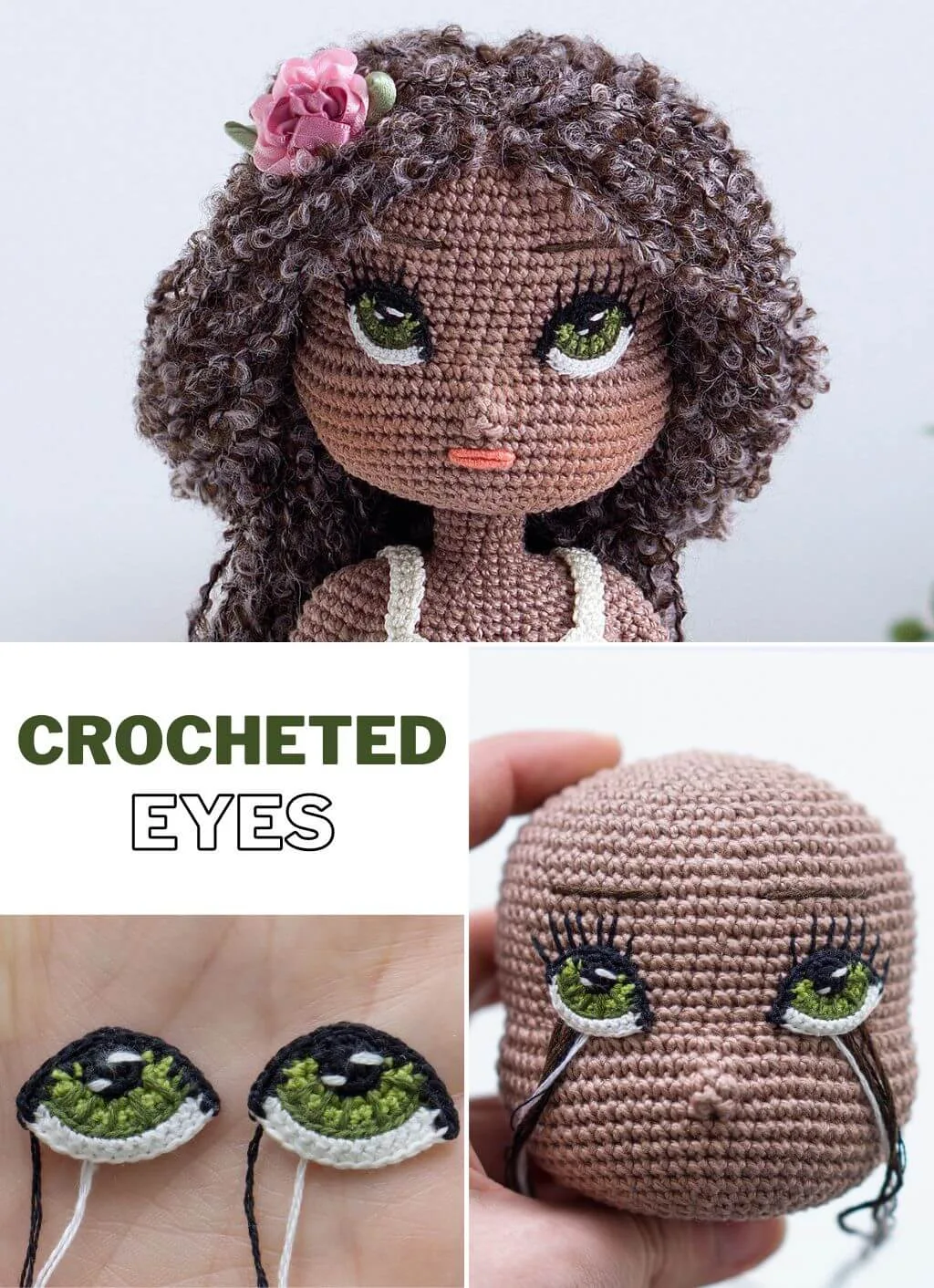 Crocheted eyes and how they are attached to the crochet doll head