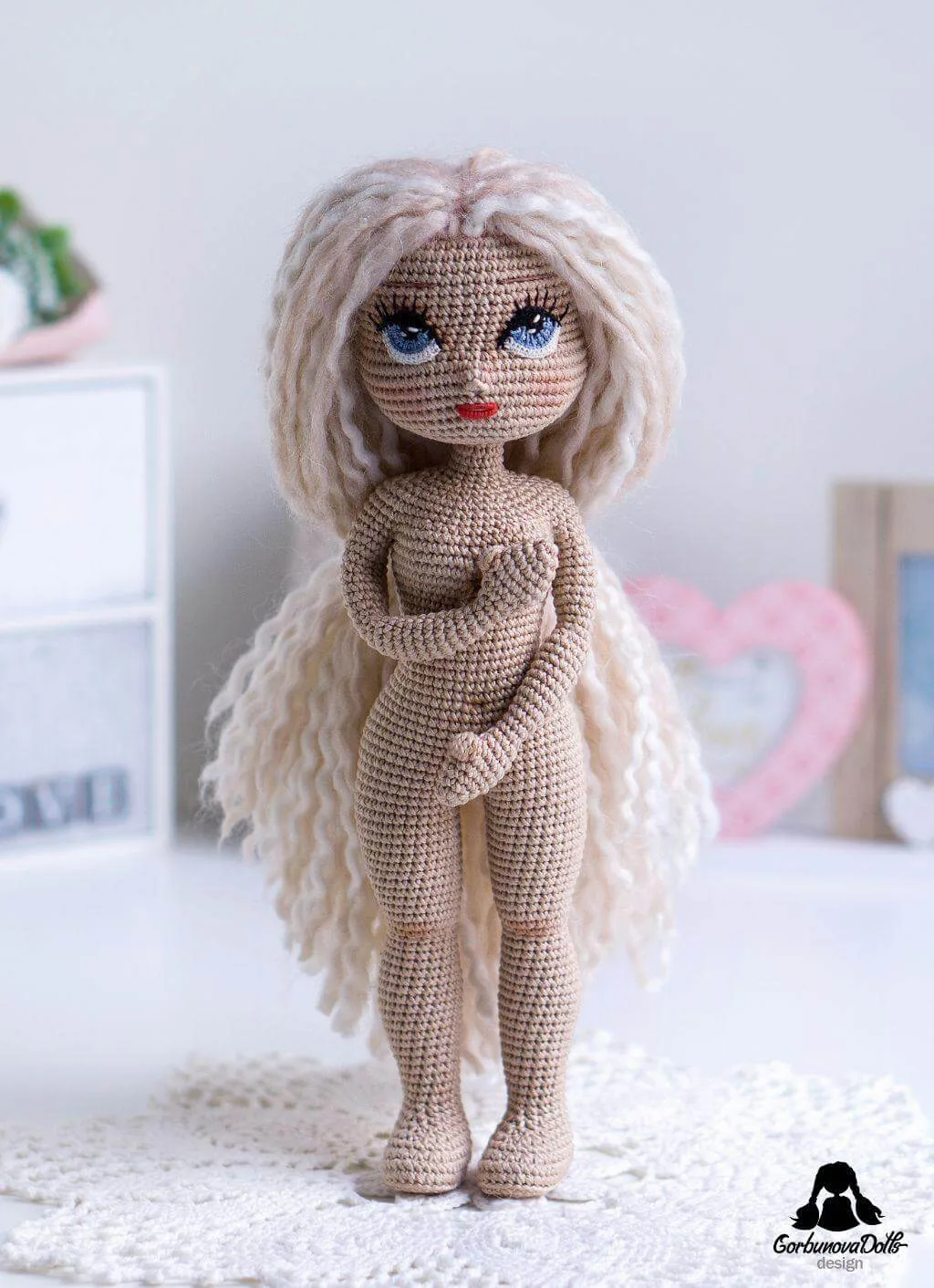 Light-skinned crochet doll base Michelle with white hair, undressed
