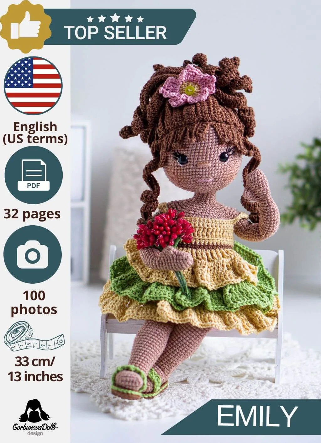 Crocheted Emily doll made from an amigurumi doll pattern, sitting on a bench and waving hello