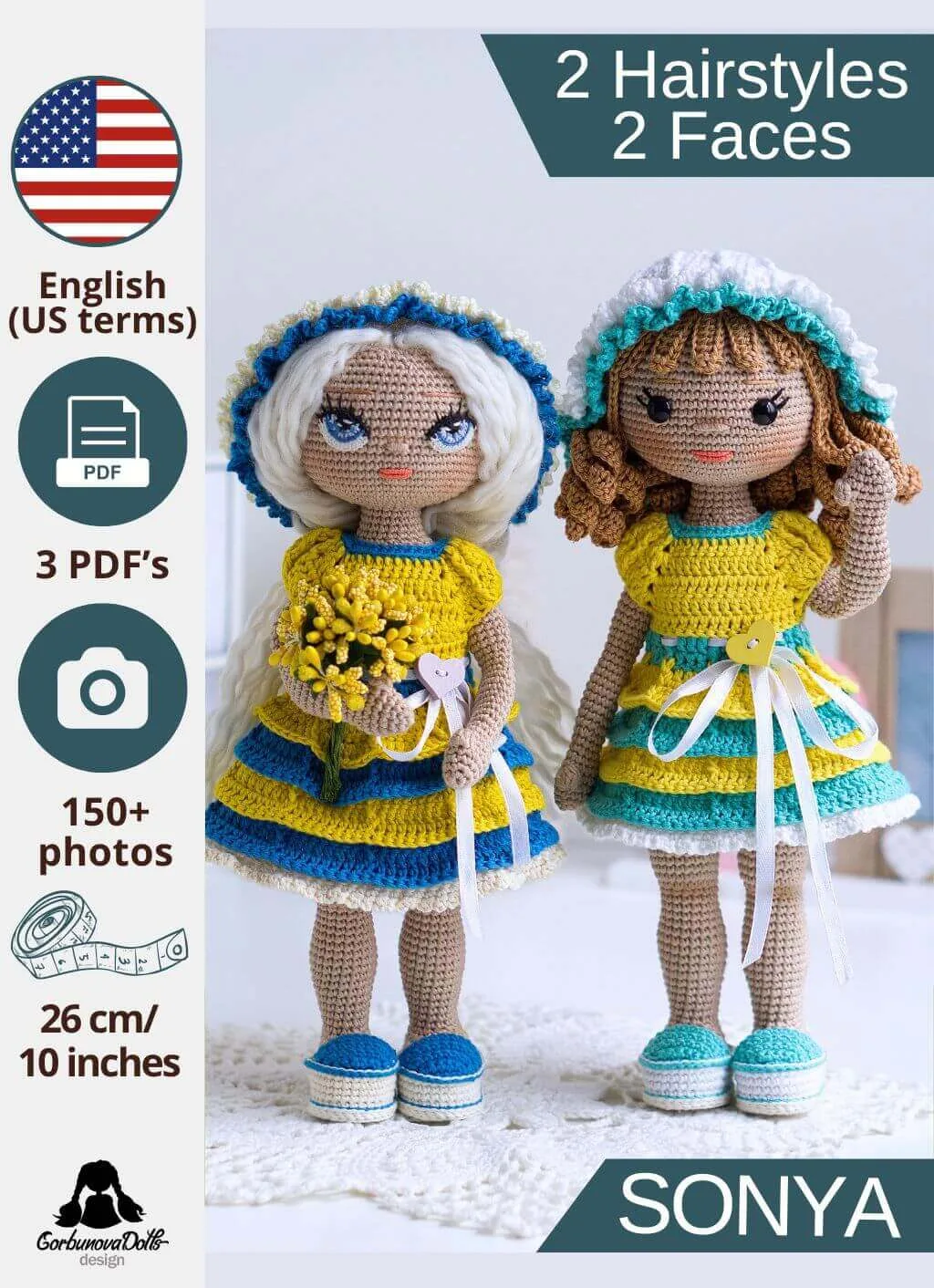 Crochet doll pattern with clothes - two finished amigurumi dolls showing removable outfits, seamless no-sew bodies, crocheted eyes and safety eyes options, curly crocheted wig and yarn hair styles