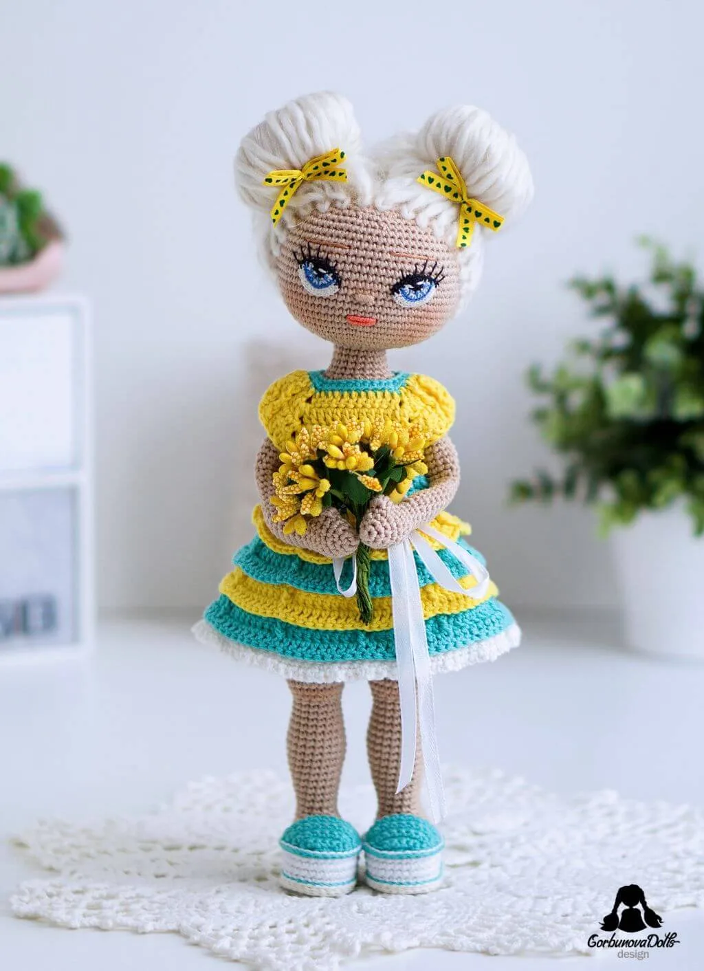 Crochet doll pattern with clothes - finished seamless amigurumi doll with no-sew body, removable outfit, and detailed crocheted eyes