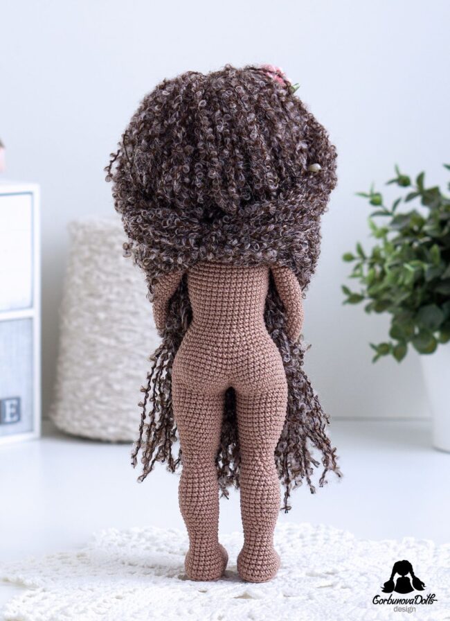 Dark-skinned crochet doll base Michelle without clothes, full view