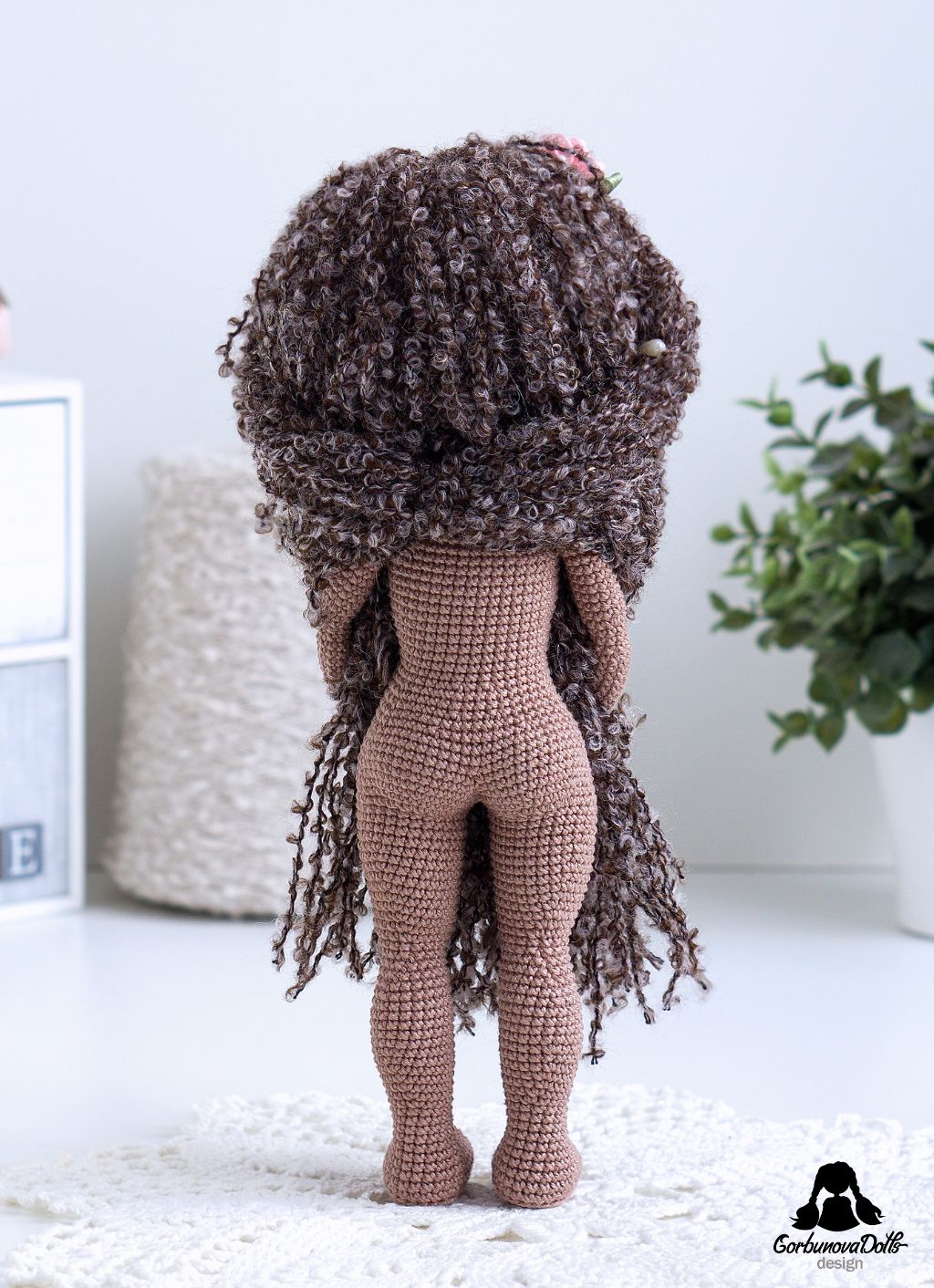 Dark-skinned crochet doll base Michelle without clothes, full view