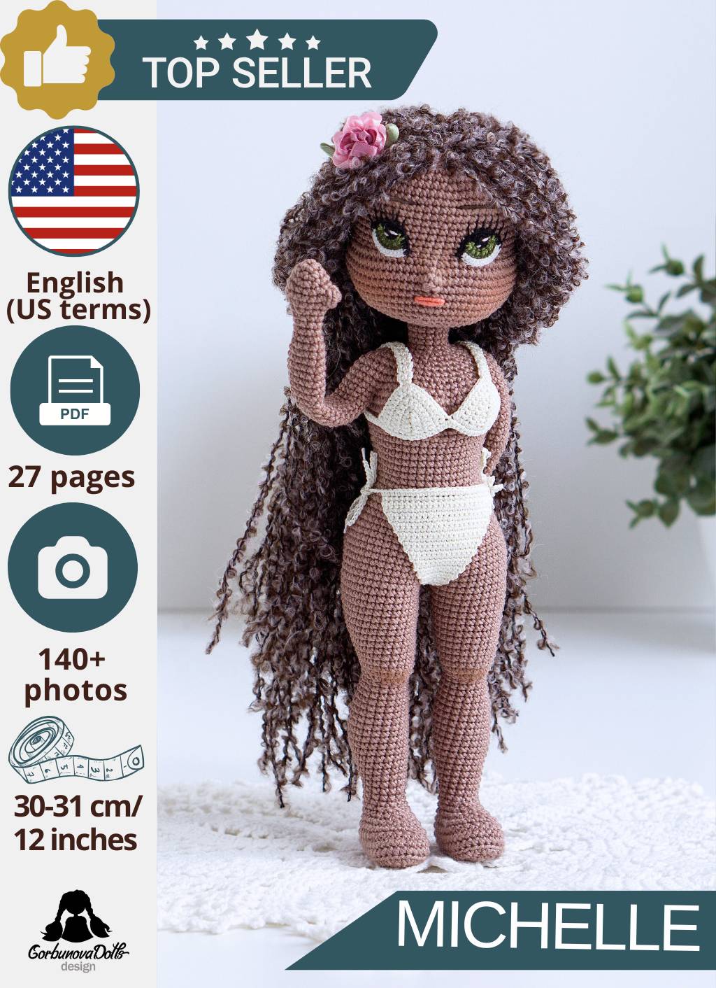 Crochet doll base Michelle with darker skin tone wearing handmade crochet lingerie