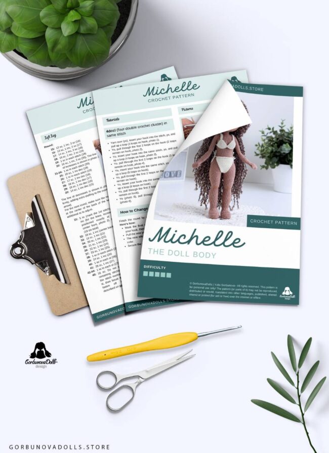 Preview of the crochet doll base pattern – step-by-step photo tutorial included in the Michelle PDF