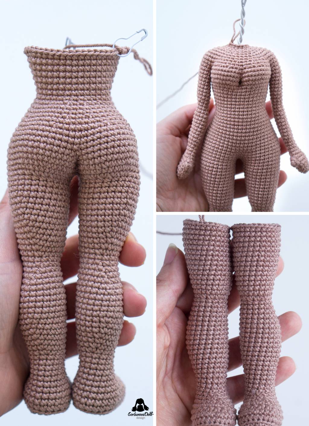 Dark-skinned crochet doll base Michelle - process photo collage