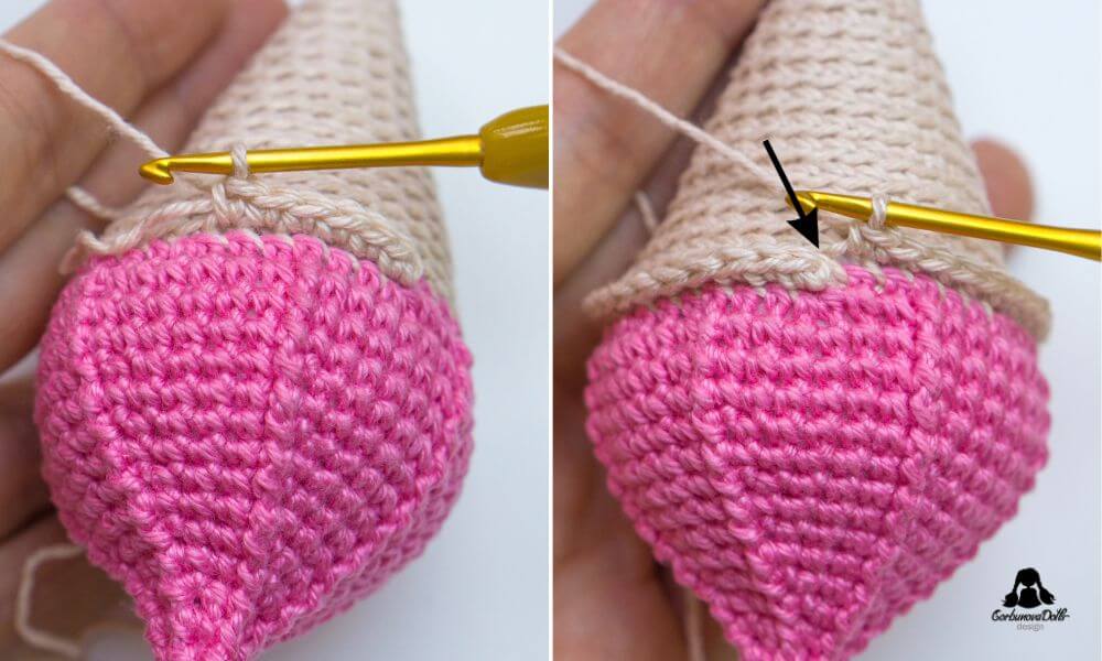 Crochet ice cream pattern – crocheting hem around the cone