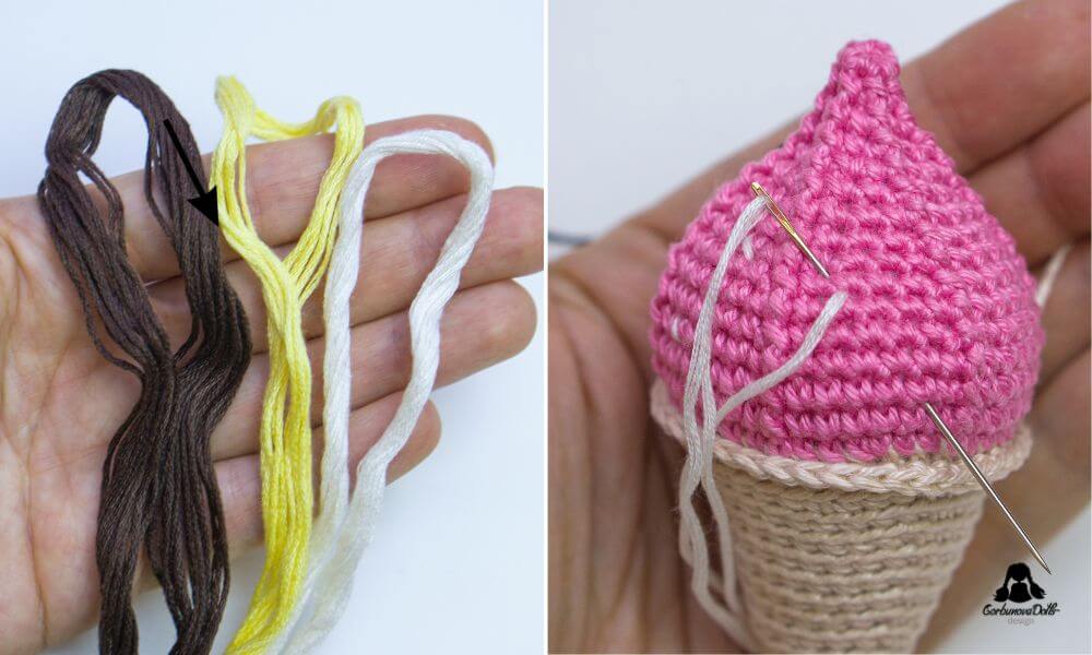 Crochet ice cream pattern – embroidering sprinkles on the scoop