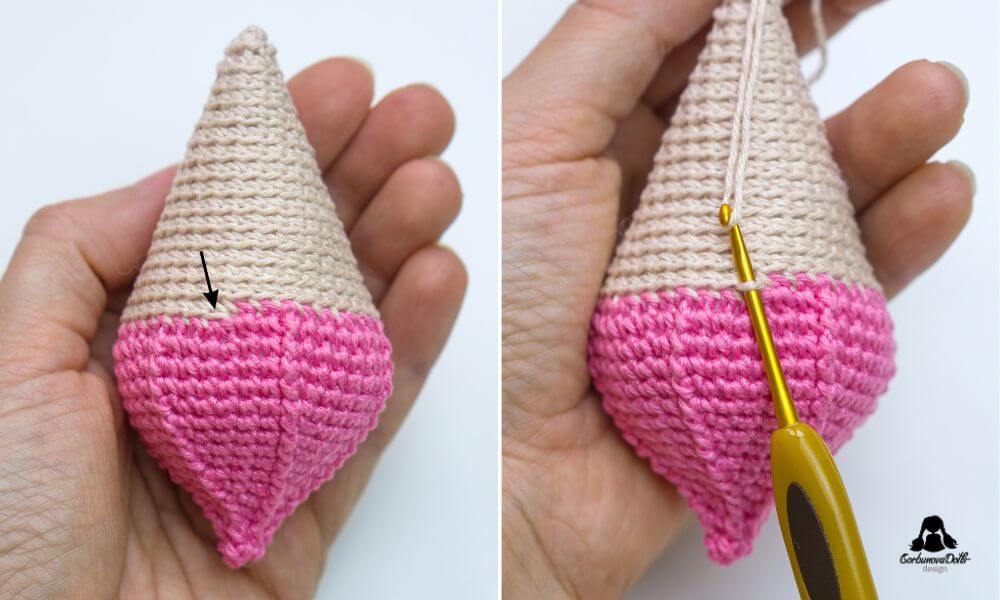 Crochet ice cream pattern – crocheting hem around the cone