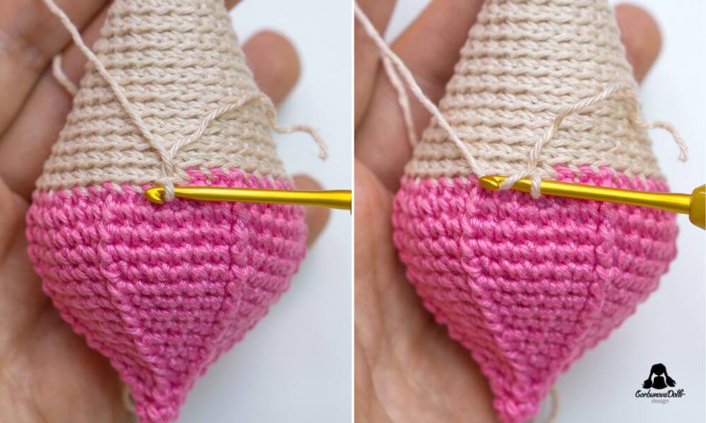 Crochet ice cream pattern – crocheting hem around the cone