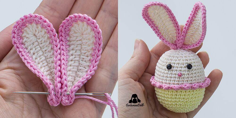Sewing bunny ears to the top of the egg for Easter egg crochet pattern