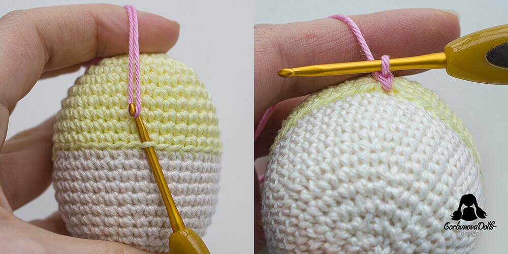 Crocheting a short skirt directly onto the egg in Easter egg crochet pattern