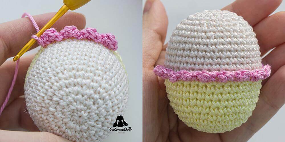 Crocheting a short skirt directly onto the egg in Easter egg crochet pattern