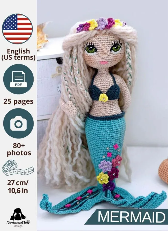 Mermaid crochet pattern - beautifully crafted seamless amigurumi mermaid doll in bikini top with detailed star decorations on her tail