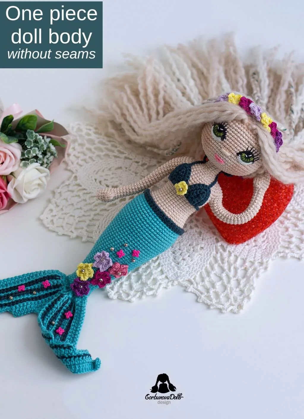 Mermaid crochet pattern - beautifully crafted seamless amigurumi mermaid doll in bikini top with detailed star decorations on her tail