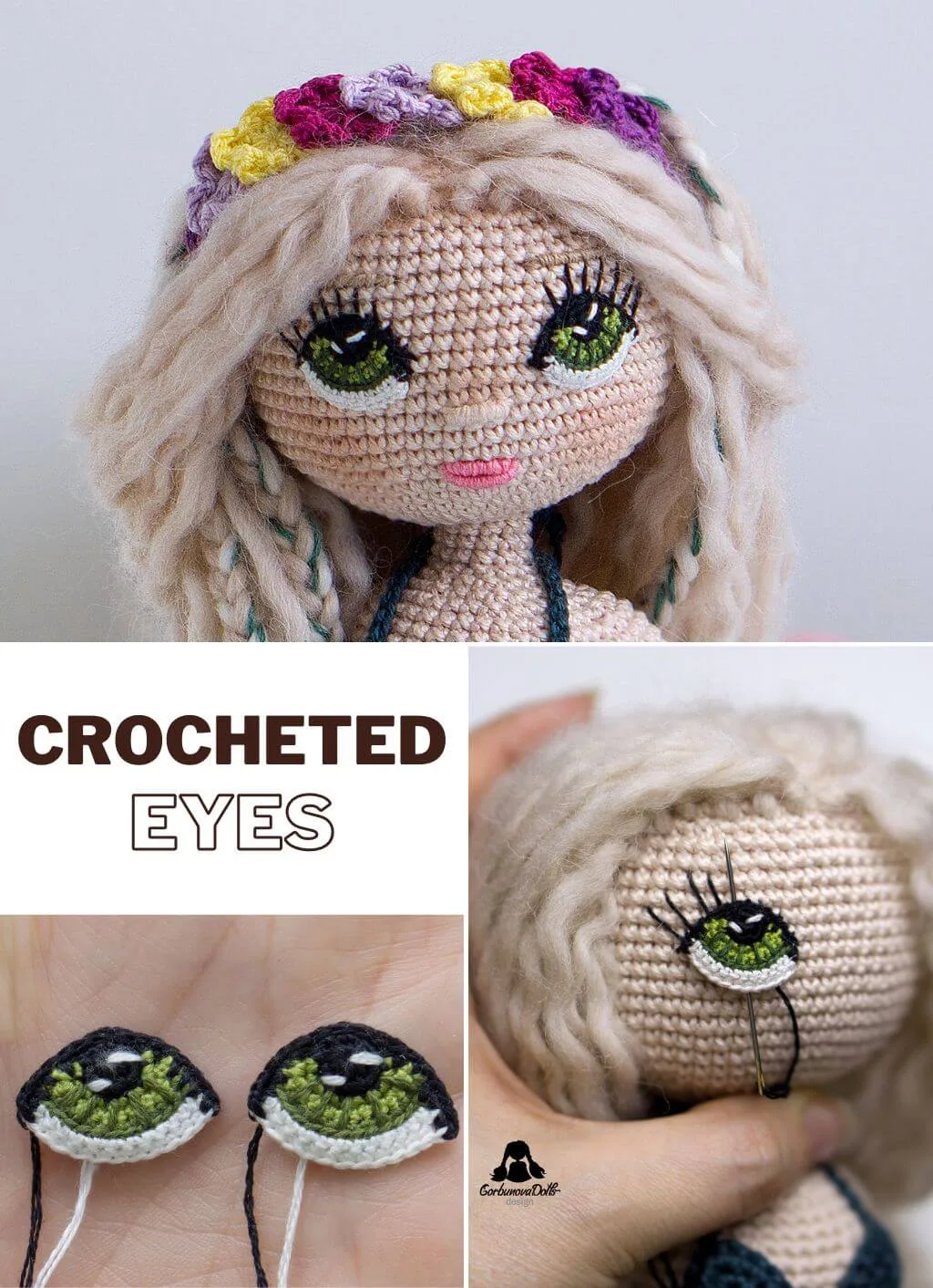 Detailed collage featuring a close-up of a crocheted doll face with crocheted eyes, individual eyes on hand, and the step-by-step sewing process from the crochet doll pattern with clothes tutorial
