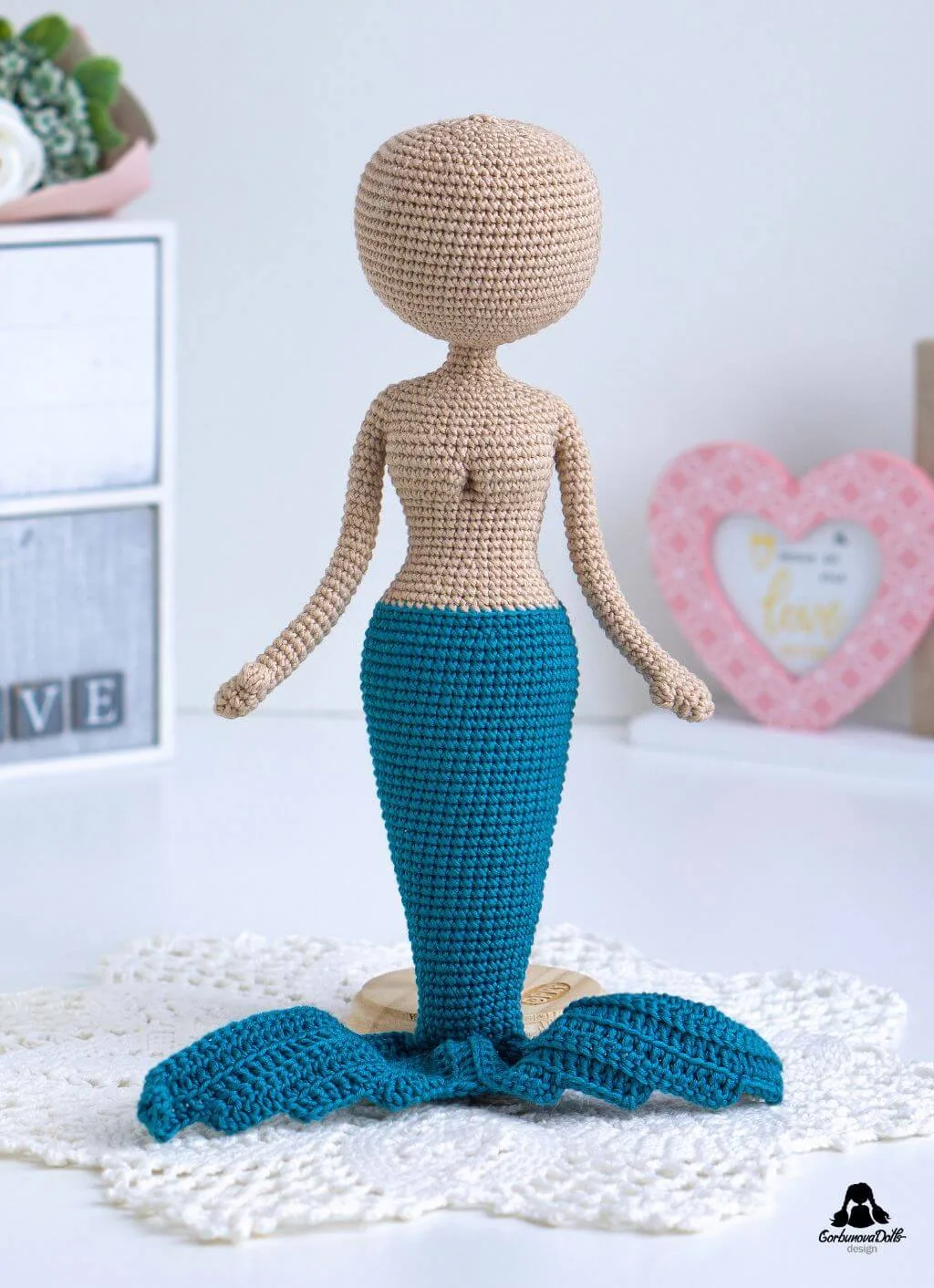 Unfinished seamless amigurumi mermaid doll body, without hair or bikini, made following the detailed Mermaid crochet pattern instructions