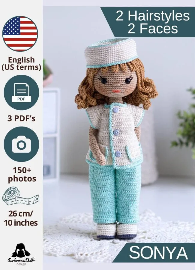 Nurse crochet doll Sonya with curly crocheted wig, seamless body design, wearing nurse/doctor costume, with safety eyes