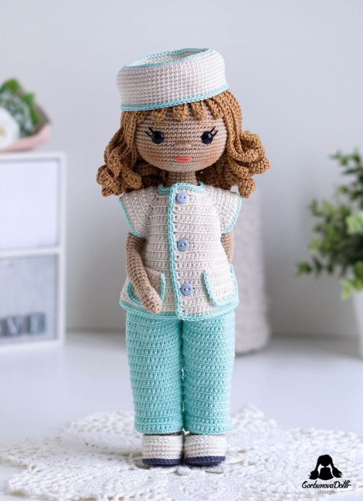 Sonya crochet doll pattern with removable nurse outfit and doctor accessories