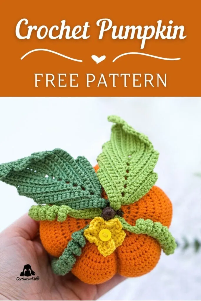 Free Crochet Pumpkin Pattern: Pinterest pin showing a crocheted pumpkin