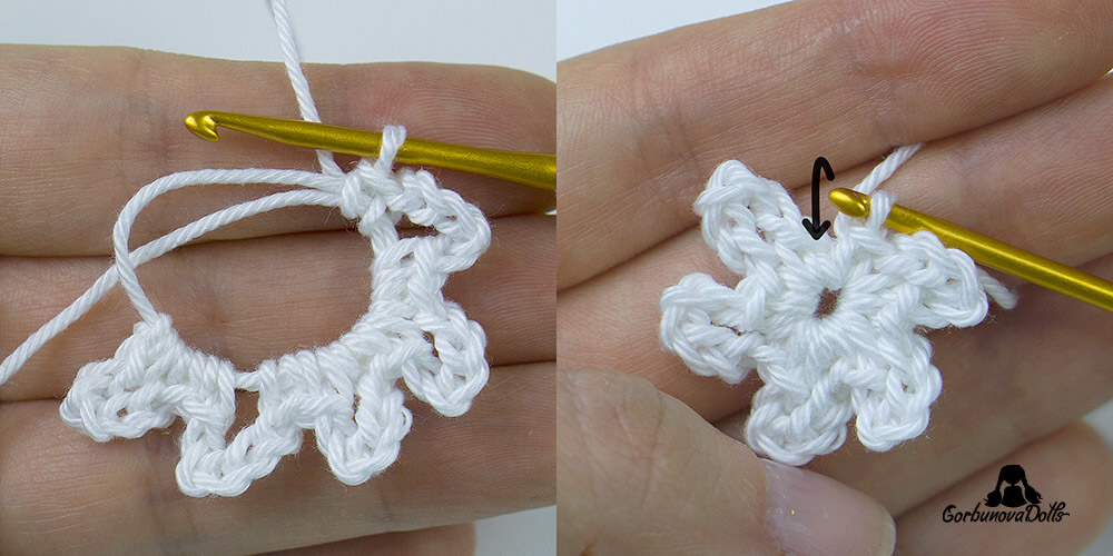 crochet snowflake pattern tutorial – tightening the center and closing the first round