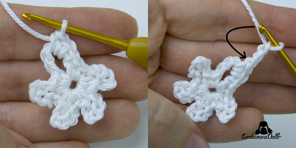 crochet snowflake pattern tutorial – working single crochet stitches into a chain loop