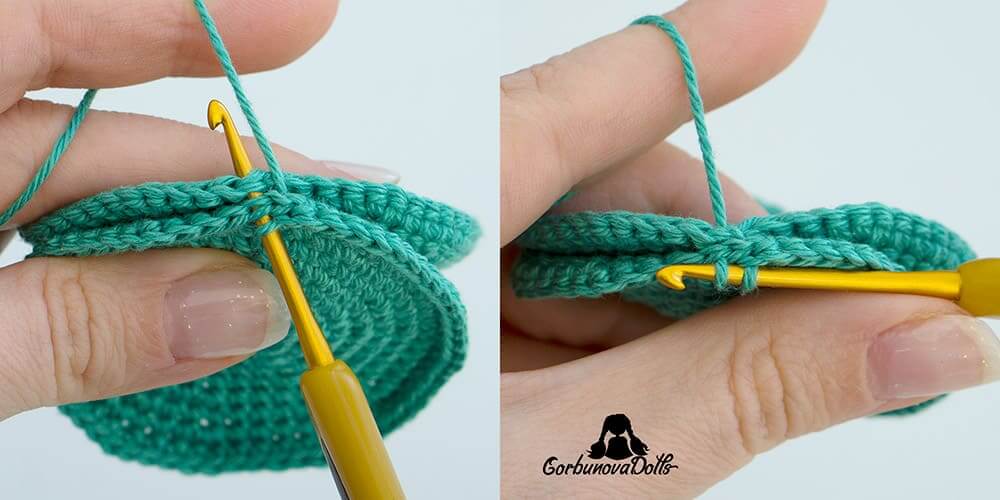 crochet Christmas tree pattern tutorial – joining two bottom pieces with slip stitch seam