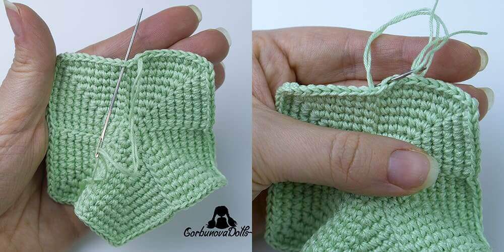crochet star invisible needle join tutorial – needle inserted under the stitch loops