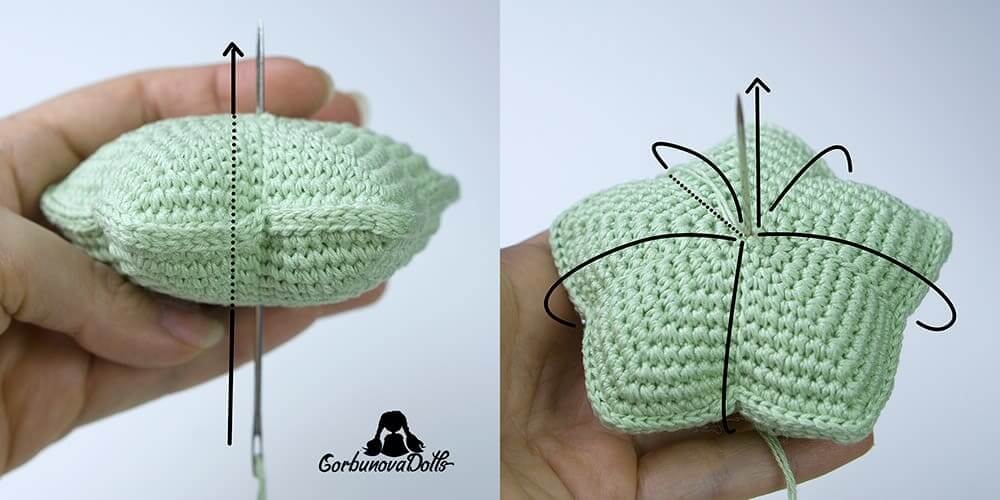 crochet star shaping tutorial – wrapping yarn around the stuffed star