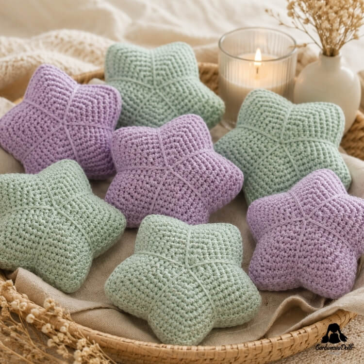 finished purple and green crochet stars free pattern