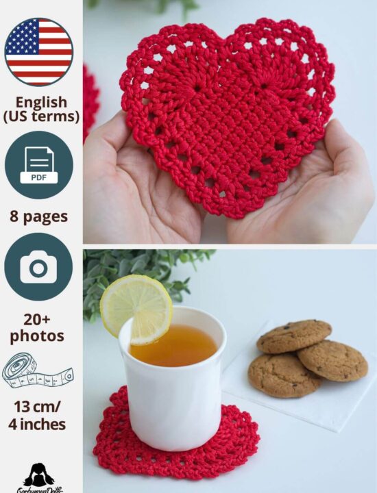 Crochet Heart Coaster Pattern for Valentine’s day (PDF in English)