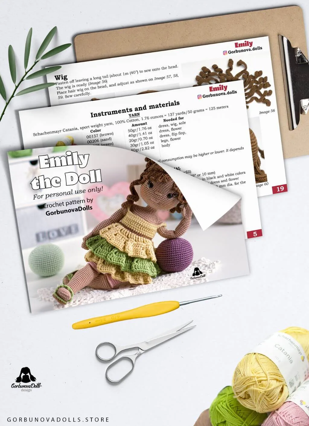 Preview of three pages from the downloadable amigurumi doll pattern PDF for Emily