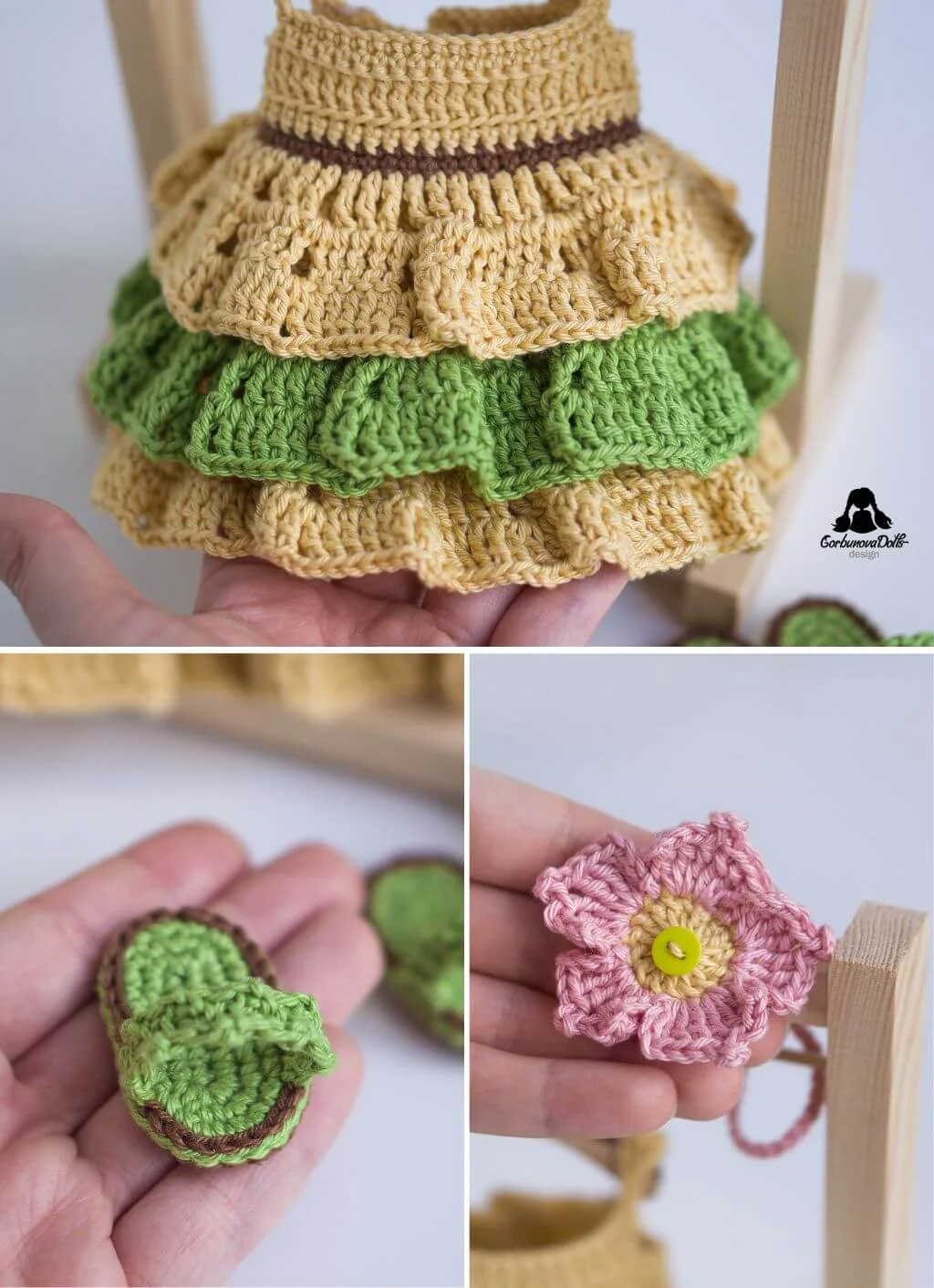 Collage showing close-up details of Emily’s crochet dress, flower accessory, and flip-flops from the amigurumi doll pattern