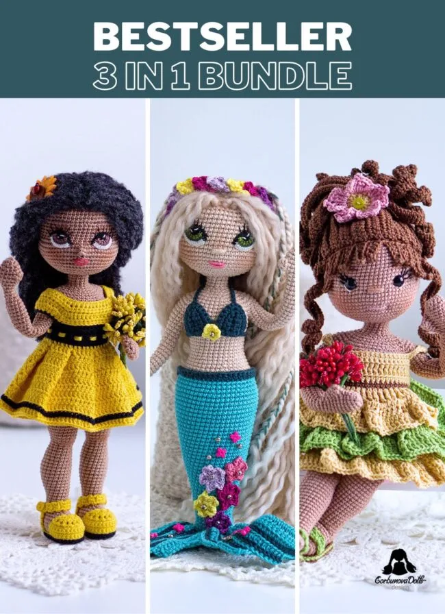 Bestseller crochet doll patterns bundle featuring Michelle, Emily, and Mermaid amigurumi dolls