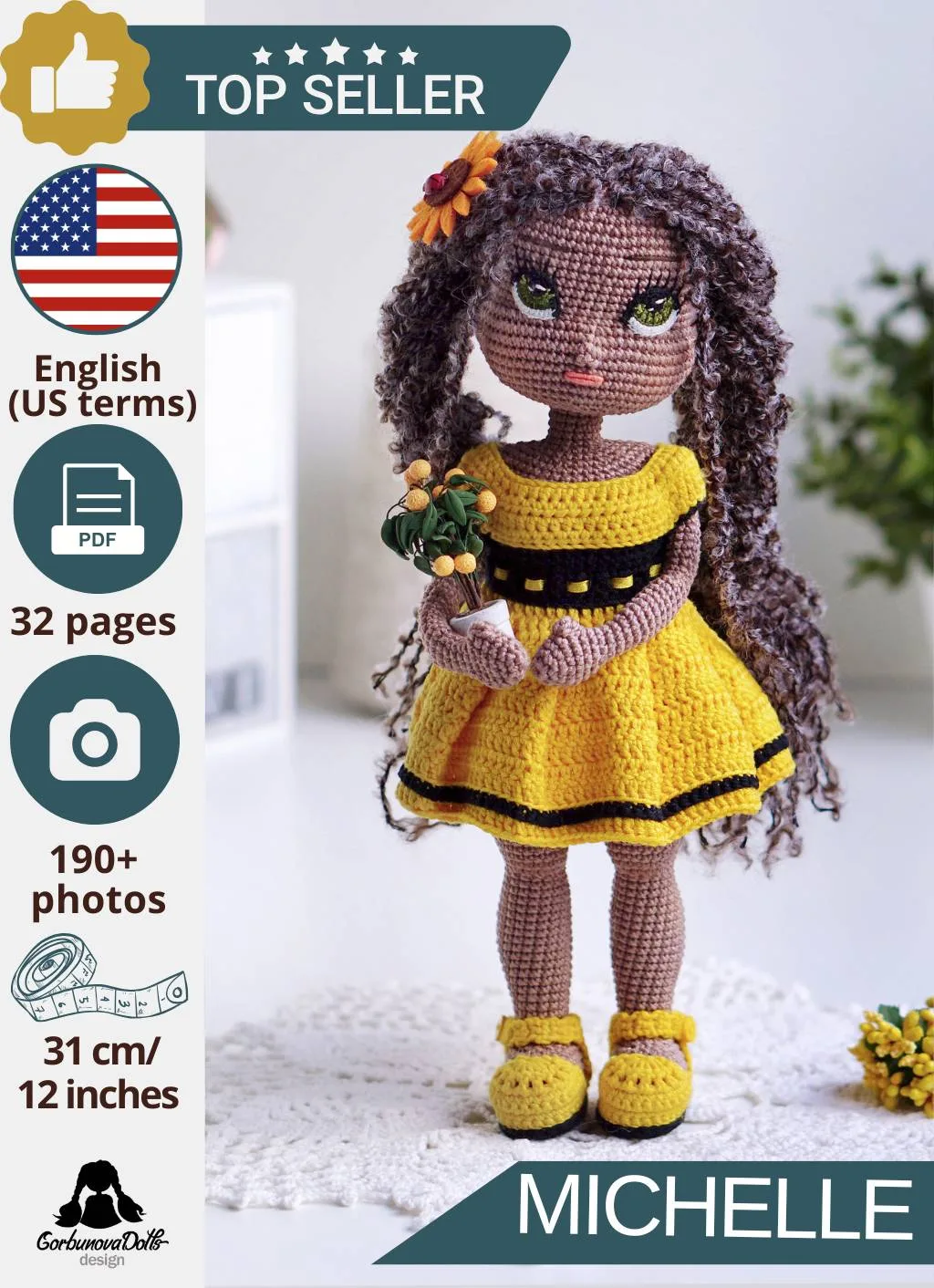 Dark-skinned Michelle crochet doll wearing yellow dress