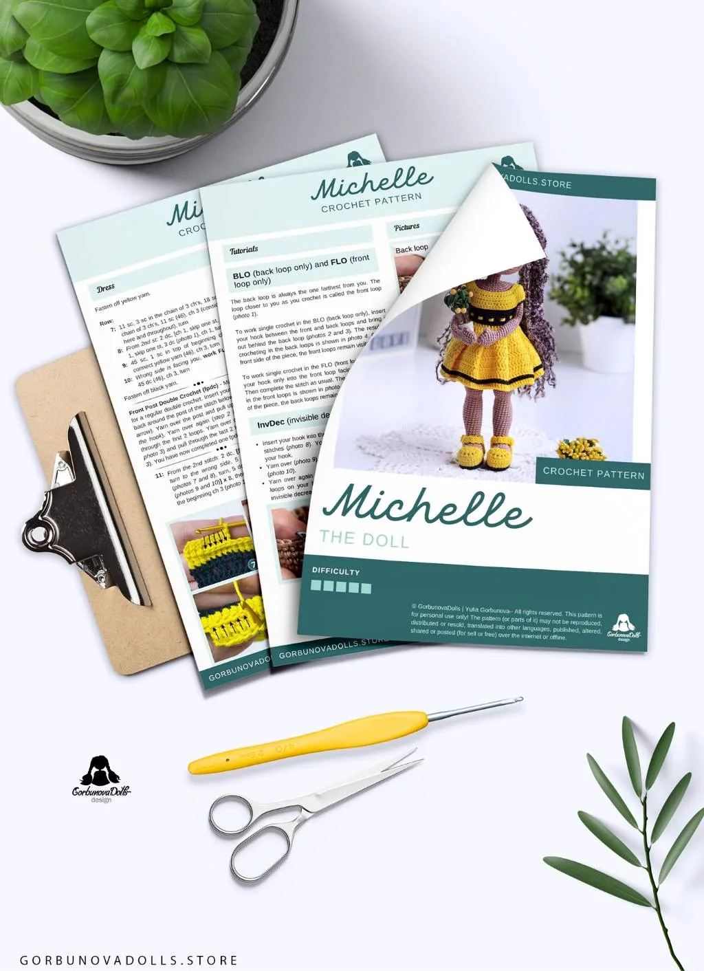 Preview of the crochet doll pattern – step-by-step photo tutorial included in the Michelle PDF