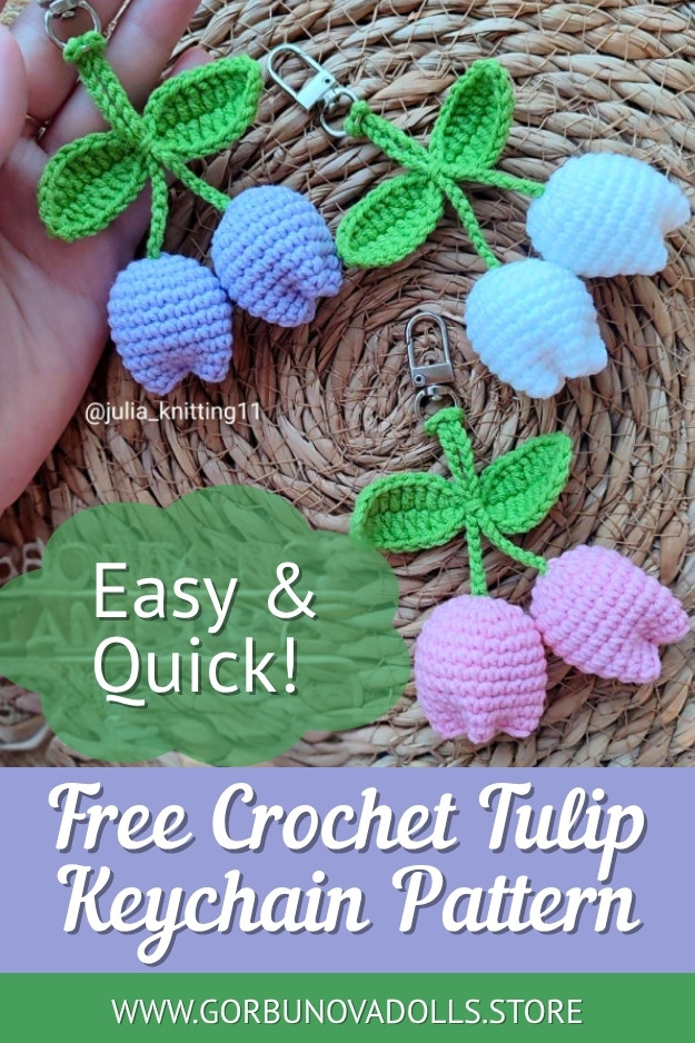 crochet keychain pattern free - three finished tulip keychains featured in this Pinterest pin