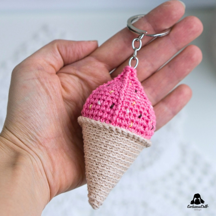 crochet ice cream keychain made from a free amigurumi ice cream pattern