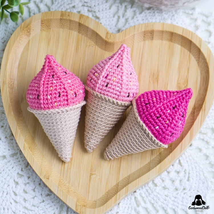finished crochet ice cream free amigurumi pattern – three handmade crochet ice creams by GorbunovaDolls