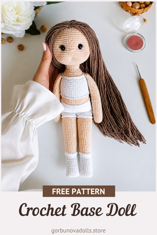 Crochet base doll Arishka free amigurumi pattern – finished handmade doll body with long brown hair