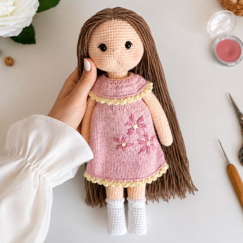 crochet base doll Arishka free amigurumi doll pattern – finished handmade doll body with long brown hair