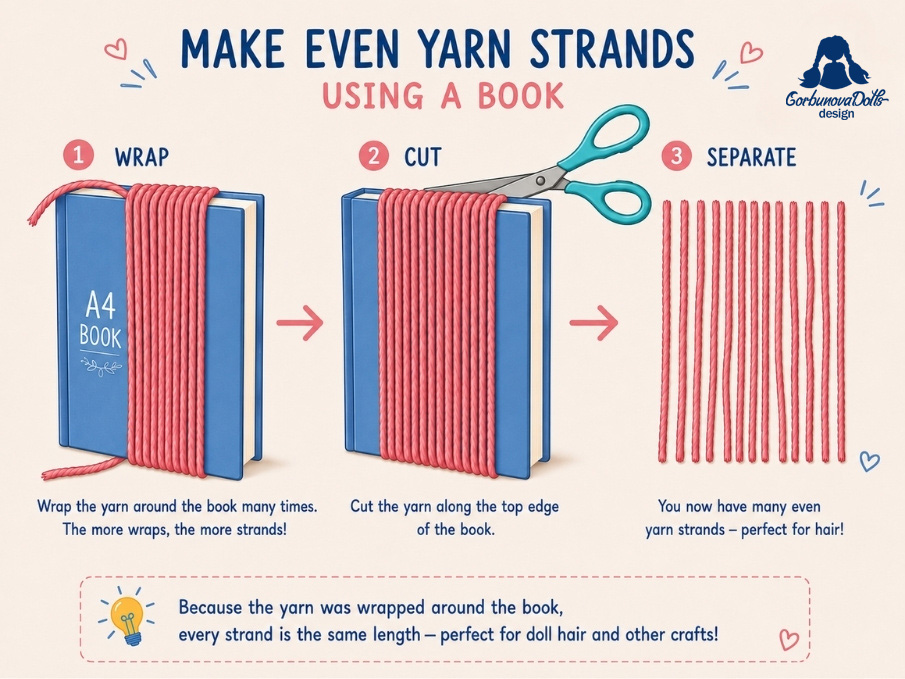 illustration showing how to wrap and cut yarn around a book to make even strands for crochet doll hair