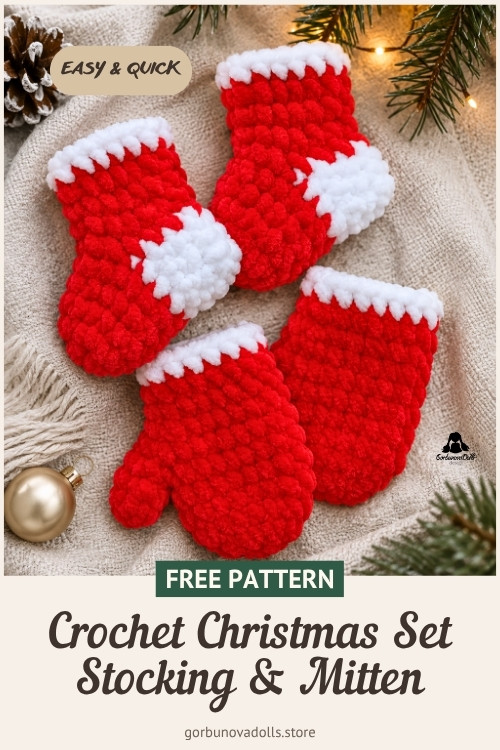 crochet Christmas stocking and mitten free pattern – red and white plush holiday decorations