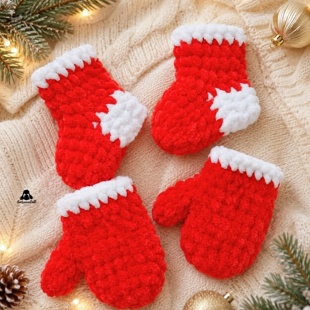finished crochet Christmas stockings and mittens free pattern – red and white plush holiday decorations
