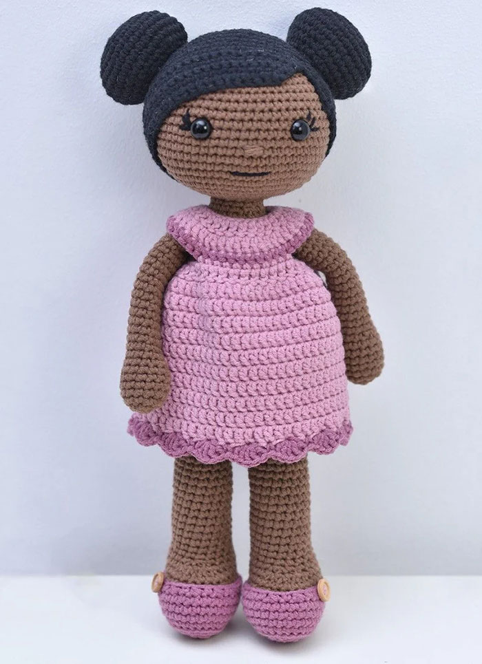 Belinda crochet doll pattern with pink dress and matching shoes