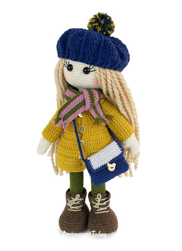 Kelly crochet doll pattern with coat hat scarf boots and bag