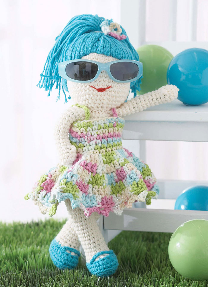 Lily crochet doll pattern with summer dress sunglasses and blue shoes
